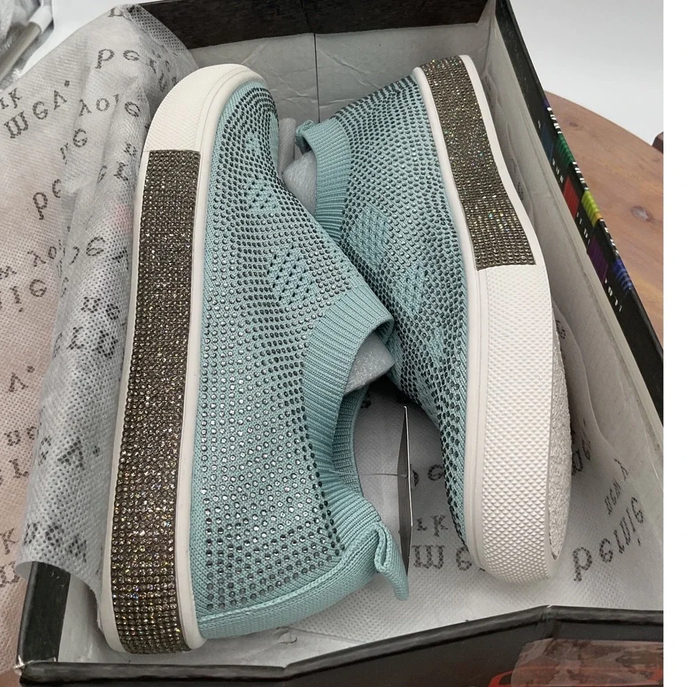 Bernie Mev New York Womens Mint Rhinestone Stretch Knit Slip On Sneakers Size 38